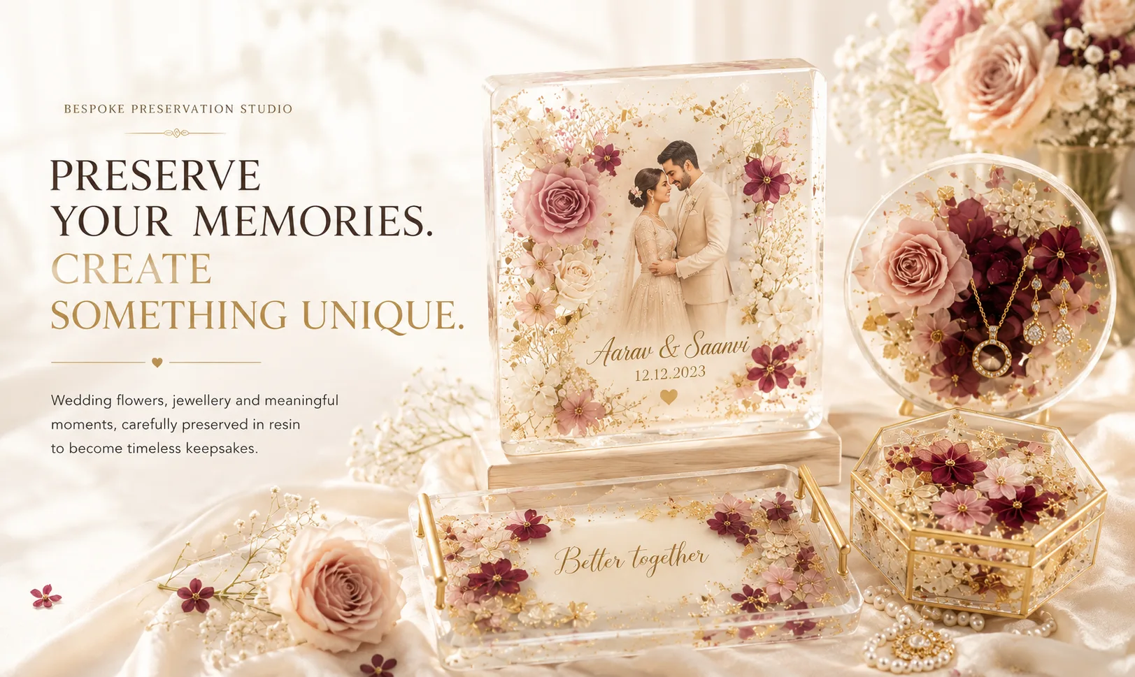 Custom wedding jewellery and flower preservation resin keepsakes by ResinByAnju